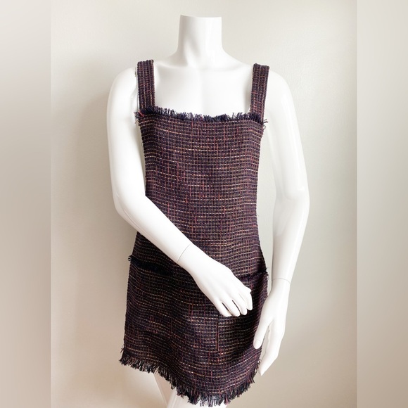 ZARA Tweed Burgundy Overalls Dress Mini Square Neck Sleeveless Classic Preppy S - Picture 6 of 12